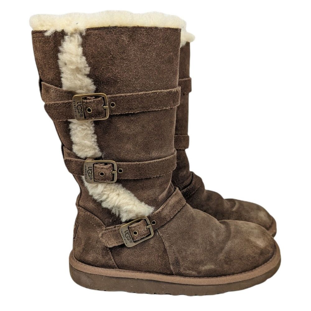 UGGs Winter Boots Womens 6 Big Kids 4 Maddie Brown Suede Shearling Buckles